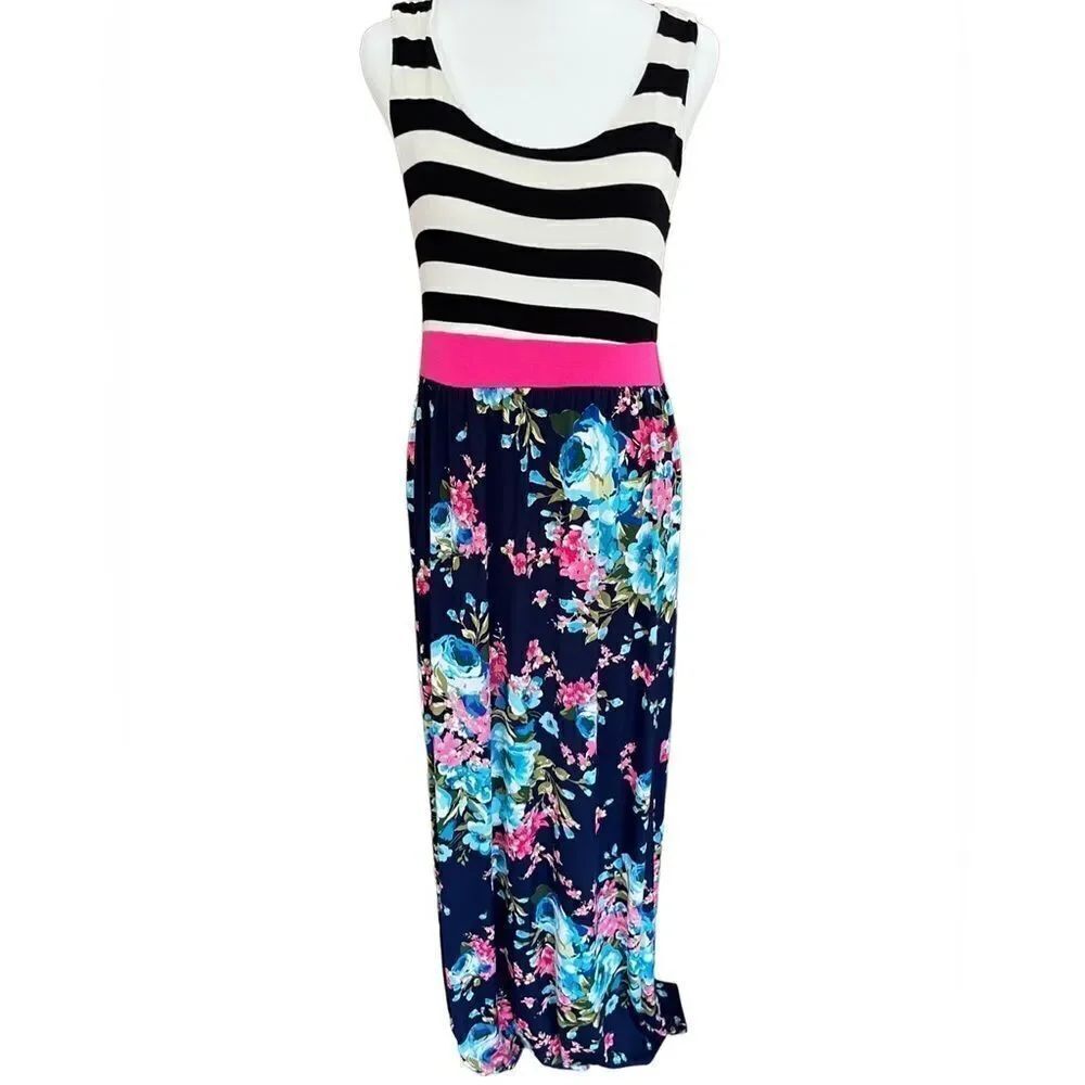 Bellamie Boutique Sleeveless Tank Maxi Dress w/ Floral/Stripes size L